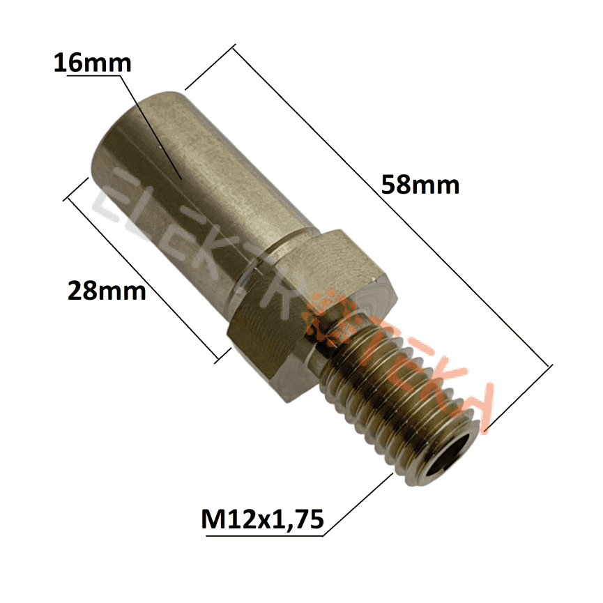 Ašis skalavimo sparnuotei sriegis M12x1,75 bendras ilgis 58mm darbinis diametras 16mm