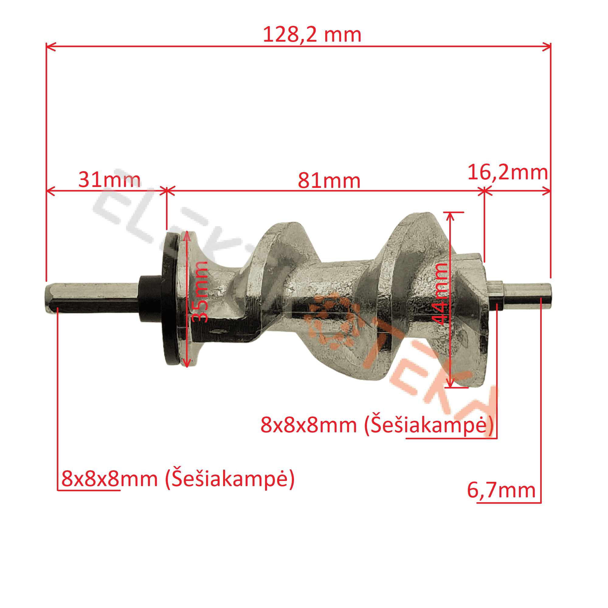 Mėsmalės sraigtas ilgis 128,2mm ašis Ø6,7mm šešiakampė 8x8x8mm