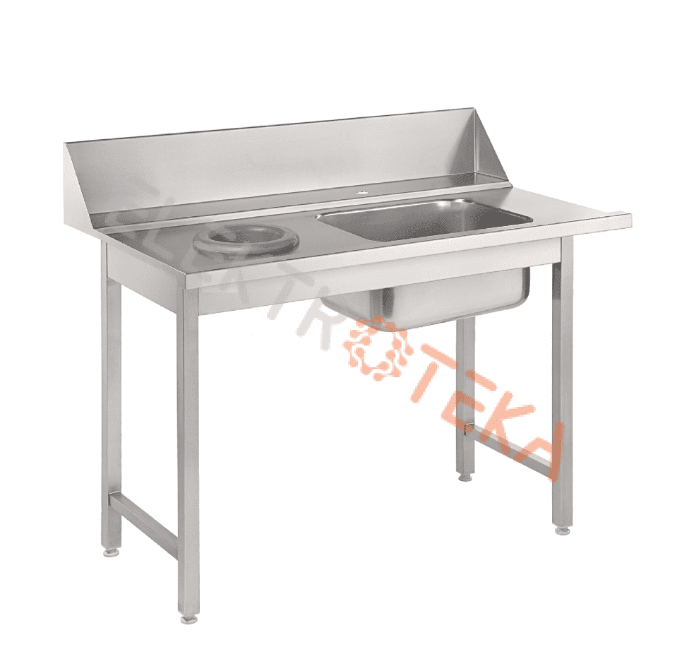Kairinis 1800x760 mm nerudijančio plieno indaplovės įleidimo stalas su kriaukle ir atliekų šalinimo ertme